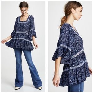 Free People Blue Floral Crochet Lace Insert Tunic Blouse Top